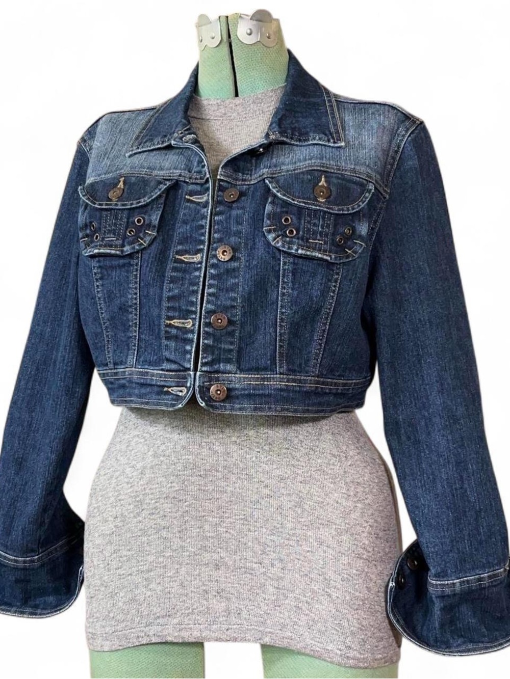 Vintage Y2K Star Denim Grommet Cropped Faded Blue Jean Jacket 2000s Large